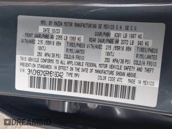 2024 Mazda CX-30 S Preferred with VIN 3MVDMBCM2RM618042, listed as a IAAI auction lot 41929064 with 15,106 mi miles and . Bid and sale history available at DreamBid. Image 9.