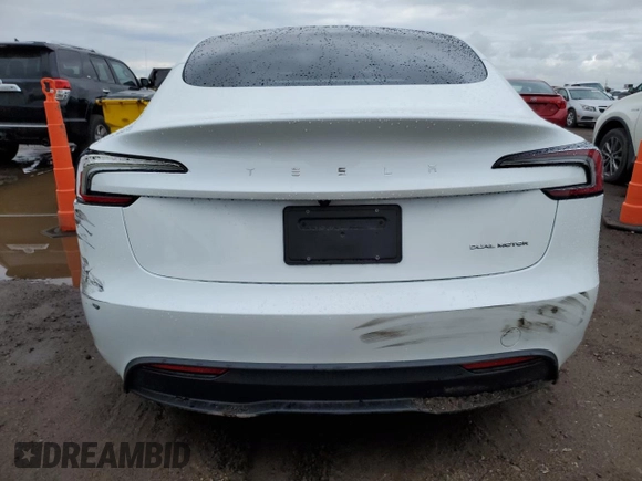 2025 Tesla Model 3 Long Range with VIN 5YJ3E1EB7SF928813, listed as a Copart auction lot 58837915 with 4,278 mi miles and Salvage title. Bid and sale history available at DreamBid. Image 6.