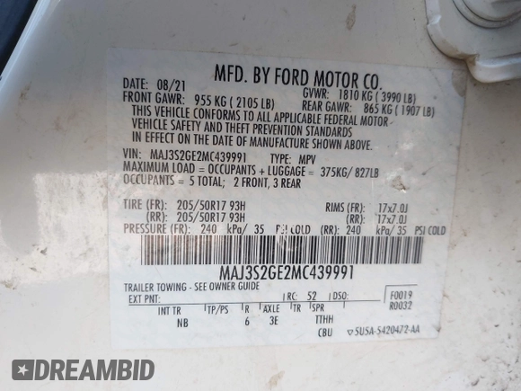 2021 Ford EcoSport SE with VIN MAJ3S2GE2MC439991, listed as a IAAI auction lot 41725143 with 82,562 mi miles and . Bid and sale history available at DreamBid. Image 9.