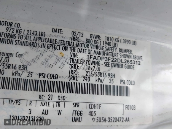 2013 Ford Focus SE with VIN 1FADP3F22DL265312, listed as a IAAI auction lot 41872863 with 217,052 mi miles. Bid and sale history available at carsss.com. Image 9.