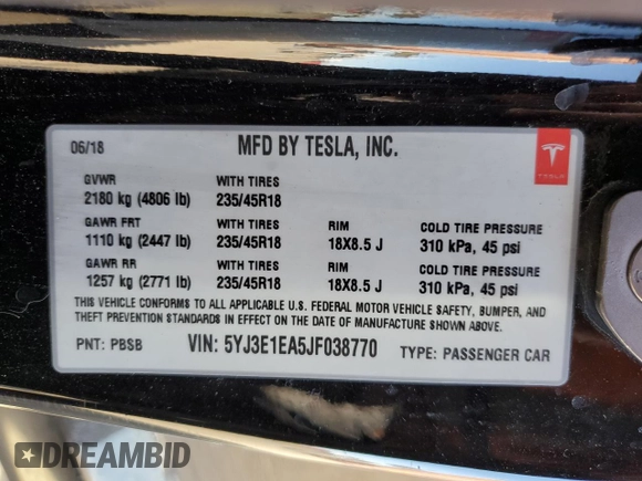 2018 Tesla Model 3 Long Range Battery with VIN 5YJ3E1EA5JF038770, listed as a Copart auction lot 48828985 with 116,641 mi miles and Salvage Title. Bid and sale history available at DreamBid. Image 14.