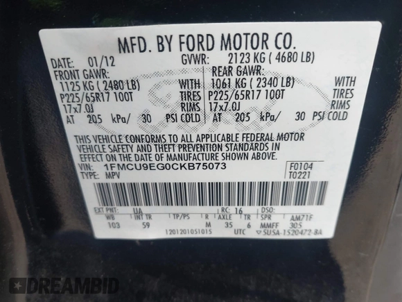 2012 Ford Escape Limited с VIN 1FMCU9EG0CKB75073, выставлен на аукционе IAAI как лот 42222266 с пробегом 114 414 миль миль и . История ставок и продаж доступна на DreamBid. Изображение 9.