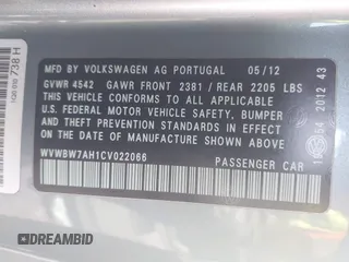 2012 Volkswagen Eos Komfort with VIN WVWBW7AH1CV022066, listed as a IAAI auction lot 41950391 with 98,877 mi miles and . Bid and sale history available at DreamBid. Image 9.