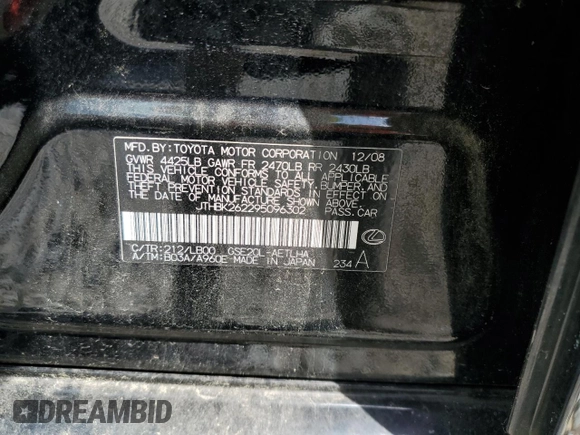 2009 Lexus IS 250 with VIN JTHBK262295096302, listed as a Copart auction lot 54860505 with 141,960 mi miles and Salvage title. Bid and sale history available at DreamBid. Image 13.