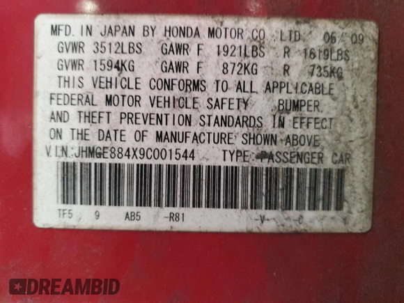 2009 Honda Fit Sport with VIN JHMGE884X9C001544, listed as a Copart auction lot 51390295 with 169,432 mi miles and Salvage Title. Bid and sale history available at carsss.com. Image 14.