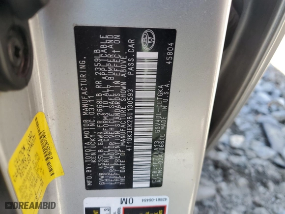 2011 Toyota Camry LE with VIN 4T1BK3EK2BU130593, listed as a Copart auction lot 49603945 with 161,976 mi miles and Salvage Title. Bid and sale history available at carsss.com. Image 12.