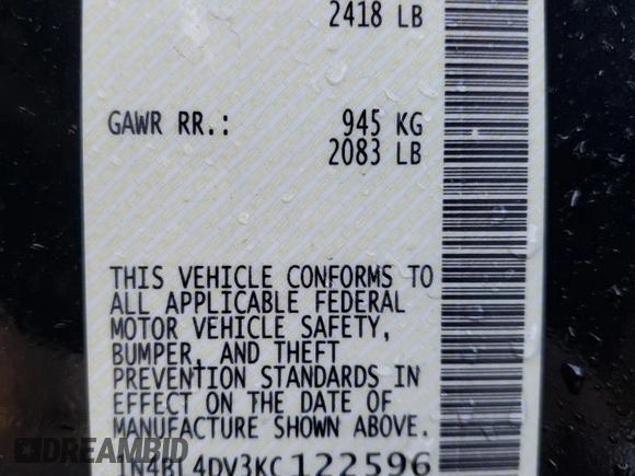 2019 Nissan Altima 2.5 SV with VIN 1N4BL4DV3KC122596, listed as a Copart auction lot 42771165 with 68,155 mi miles and Salvage Title. Bid and sale history available at carsss.com. Image 13.