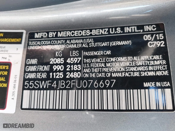 2015 Mercedes-Benz C-Class C 300 with VIN 55SWF4JB2FU076697, listed as a IAAI auction lot 41357468 with 107,027 mi miles. Bid and sale history available at carsss.com. Image 9.