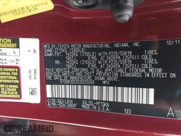 2012 Toyota Sienna XLE with VIN 5TDDK3DCXCS033249, listed as a IAAI auction lot 42324830 with 181,012 mi miles and . Bid and sale history available at DreamBid. Image 9.