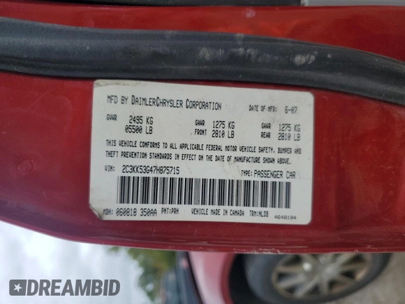 2007 Chrysler 300 Limited with VIN 2C3KK53G47H875715, listed as a Copart auction lot 74086964 with 0 mi miles and Salvage Title. Bid and sale history available at carsss.com. Image 13.