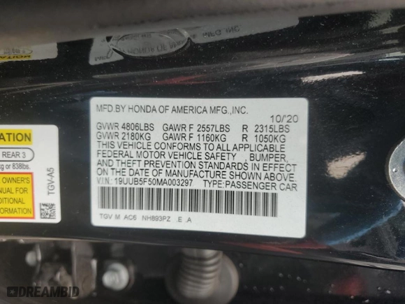 2021 Acura TLX w/A-Spec Package with VIN 19UUB5F50MA003297, listed as a Copart auction lot 45027015 with 37,684 mi miles and Salvage Title. Bid and sale history available at carsss.com. Image 12.