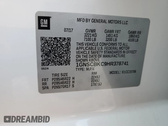 2017 Chevrolet Tahoe LT with VIN 1GNSCBKC9HR378741, listed as a Copart auction lot 59260575 with 138,365 mi miles and Salvage title. Bid and sale history available at DreamBid. Image 13.