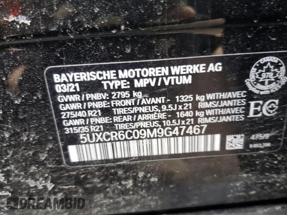 2021 BMW X5 xDrive40i with VIN 5UXCR6C09M9G47467, listed as a Copart auction lot 44447233 with Not Provided miles and . Bid and sale history available at DreamBid. Image 13.