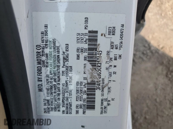 2012 Ford Fusion SEL с VIN 3FAHP0JG5CR357145, выставлен на аукционе Copart как лот 59145085 с пробегом 174 739 миль миль и Списание • Salvage title. История ставок и продаж доступна на DreamBid. Изображение 12.