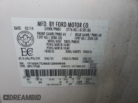 2014 Ford Explorer XLT с VIN 1FM5K7D86EGB69698, выставлен на аукционе Copart как лот 61726995 с пробегом 149 700 миль миль и Списание • Salvage title. История ставок и продаж доступна на DreamBid. Изображение 14.
