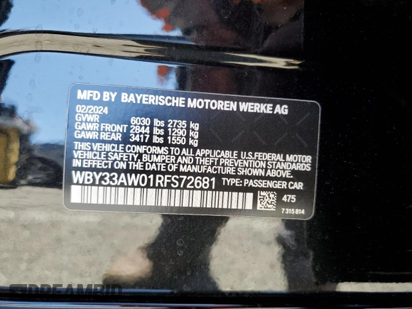 2024 BMW i4 M50 z VIN WBY33AW01RFS72681, wystawiony jako Copart lot #48484235 z przebiegiem 712 mil mil oraz Szkoda całkowita • Salvage title. Historia ofert i sprzedaży dostępna na DreamBid. Obrazek 12.