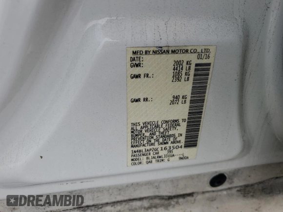 2016 Nissan Altima SL with VIN 1N4BL3AP2GC163504, listed as a Copart auction lot 50385165 with 89,739 mi miles and Non Repairable. Bid and sale history available at DreamBid. Image 14.