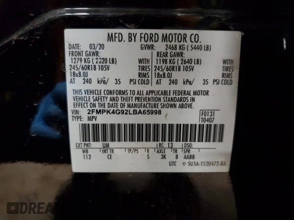2020 Ford Edge SE with VIN 2FMPK4G92LBA65998, listed as a Copart auction lot 53437335 with 54,124 mi miles and Salvage title. Bid and sale history available at DreamBid. Image 13.