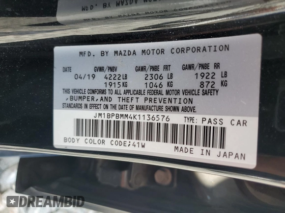 2019 Mazda 3 Preferred with VIN JM1BPBMM4K1136576, listed as a Copart auction lot 55875415 with 52,990 mi miles and Non repairable. Bid and sale history available at DreamBid. Image 12.