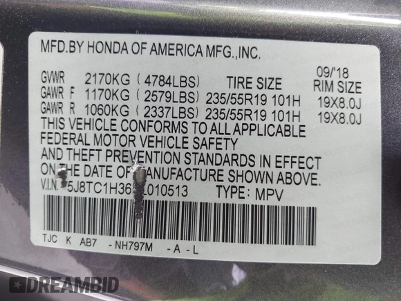 2019 Acura RDX with VIN 5J8TC1H36KL010513, listed as a IAAI auction lot 42438672 with 109,421 mi miles and . Bid and sale history available at DreamBid. Image 9.