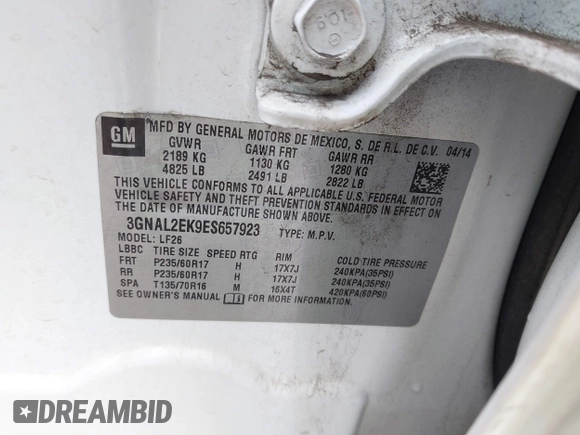 2014 Chevrolet Captiva Sport LS with VIN 3GNAL2EK9ES657923, listed as a IAAI auction lot 41903195 with 120,786 mi miles. Bid and sale history available at carsss.com. Image 9.