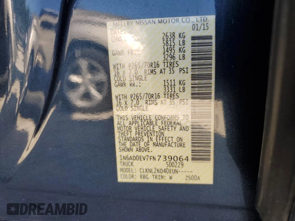 2015 Nissan Frontier Pro-4X with VIN 1N6AD0EV7FN739064, listed as a Copart auction lot 71785524 with 137,133 mi miles and Salvage title. Bid and sale history available at DreamBid. Image 12.