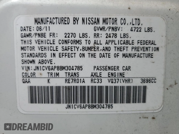 2011 Infiniti G37 Journey with VIN JN1CV6AP8BM304785, listed as a Copart auction lot 55958335 with 194,311 mi miles and Clean Title. Bid and sale history available at DreamBid. Image 12.