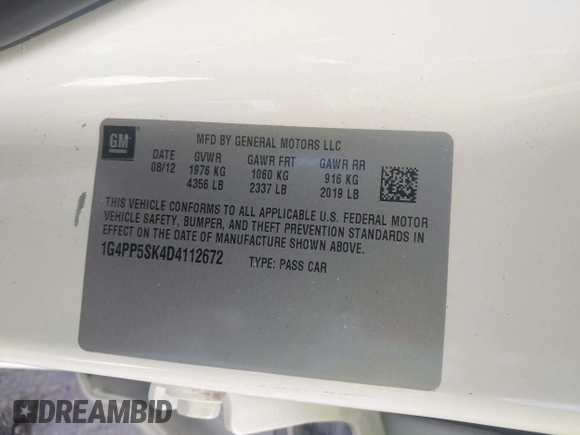 2013 Buick Verano with VIN 1G4PP5SK4D4112672, listed as a IAAI auction lot 42699231 with 151,681 mi miles and . Bid and sale history available at DreamBid. Image 9.