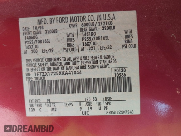 1999 Ford F-150 with VIN 1FTZX1725XKA41044, listed as a IAAI auction lot 42446146 with Not provided miles and . Bid and sale history available at DreamBid. Image 9.