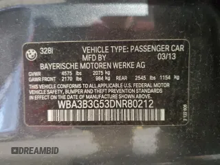 2013 BMW 3 Series 328i xDrive with VIN WBA3B3G53DNR80212, listed as a Copart auction lot 88988835 with 164,156 mi miles and Clean Title. Bid and sale history available at carsss.com. Image 12.