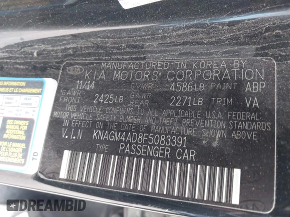 2015 Kia Optima with VIN KNAGM4AD8F5083391, listed as a IAAI auction lot 42150197 with 160,536 mi miles and . Bid and sale history available at carsss.com. Image 9.