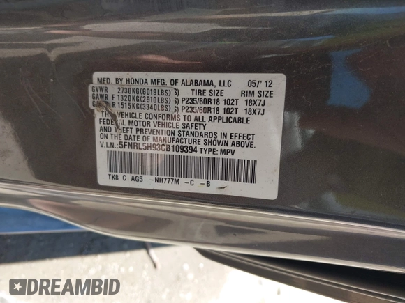 2012 Honda Odyssey Touring with VIN 5FNRL5H93CB109394, listed as a IAAI auction lot 42280018 with 190,412 mi miles and . Bid and sale history available at DreamBid. Image 9.