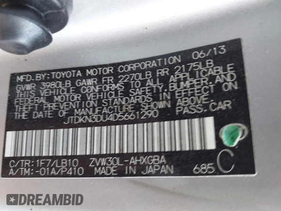 2013 Toyota Prius One with VIN JTDKN3DU4D5661290, listed as a IAAI auction lot 41993893 with 197,121 mi miles and . Bid and sale history available at DreamBid. Image 9.