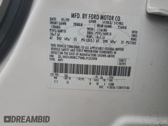2009 Lincoln MKX with VIN 2LMDU68C79BJ12359, listed as a Copart auction lot 81906694 with 215,549 mi miles and Salvage Title. Bid and sale history available at DreamBid. Image 15.