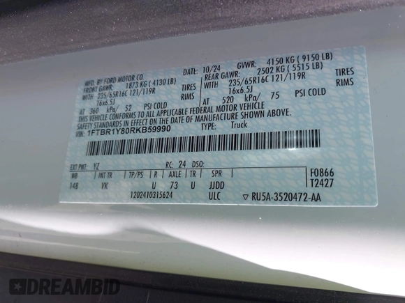 2024 Ford Transit Cargo с VIN 1FTBR1Y80RKB59990, выставлен на аукционе IAAI как лот 42241182 с пробегом 13 385 миль миль и . История ставок и продаж доступна на DreamBid. Изображение 9.