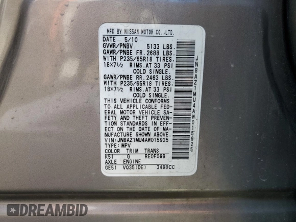 2010 Nissan Murano S with VIN JN8AZ1MU4AW015925, listed as a Copart auction lot 66349114 with 150,797 mi miles and Salvage Title. Bid and sale history available at carsss.com. Image 13.